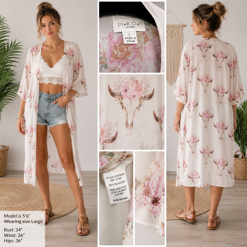 Pink Owl Womens Floral Bull Skull Kimono Cardigan Cream Pink Large IT18570KSS